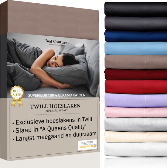 Bed Couture - Hoeslaken van 100% Katoen - Lits-Jumeaux 180x200cm - Hoekhoogte 30cm - Ultra Zacht en Duurzaam - Taupe