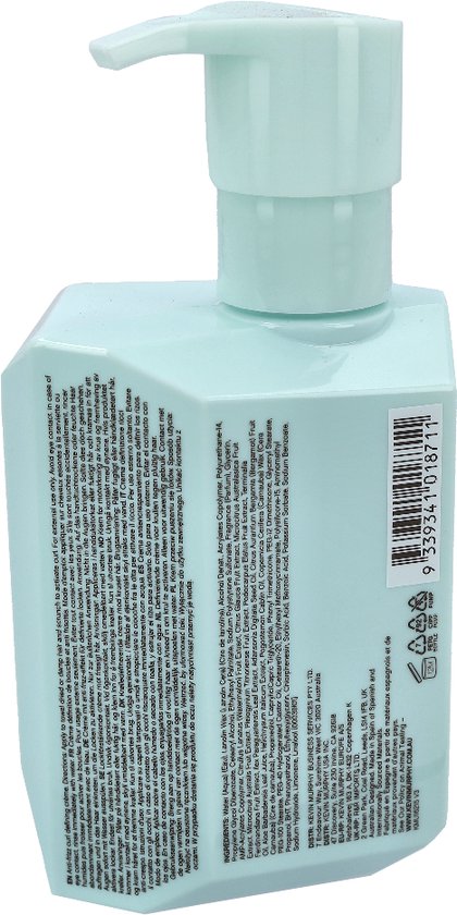 Achterkant van de lichtblauwe pompflacon KEVIN.MURPHY Killer.Curls, met ingrediëntenlijst.