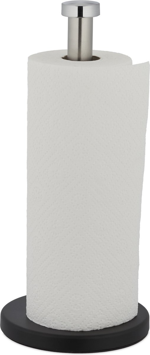 keukenrolhouder staand - Ø 33 x 15 cm - rvs - modern - antislip - zilver-zwart