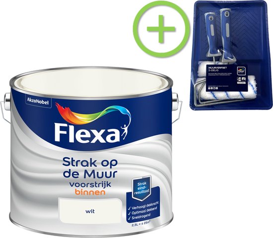 Foto: Flexa strak op de muur watergedragen voorstrijk wit 2 5 liter flexa muurverf roller 5 delig