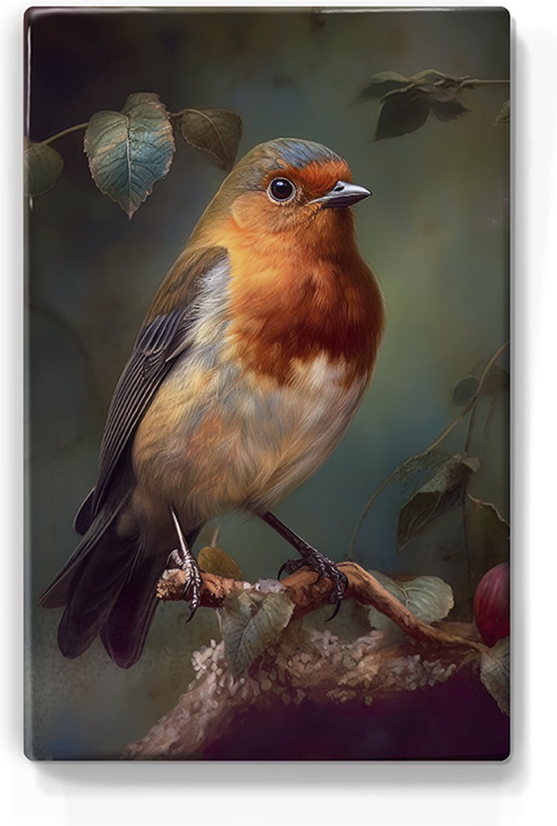 Roodborstje close-up - Handgelakt - 19,5 x 30 cm - Niet van echt te onderscheiden schilderijtje op hout - Mooier dan een print op canvas - Laqueprint.