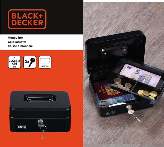 BLACK+DECKER Geldkistje met Sleutel - Uitneembare Lade met 3 Vakken - Incl. 2 Sleutels - 20 x 16 x 8,5 CM - Metaal - Zwart - BLACK+DECKER