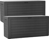 Prosperplast Tuin kussen opbergbox - 2x - grijs - hout patroon - 280 liter - kunststof - 116 x 44 x 55 cm