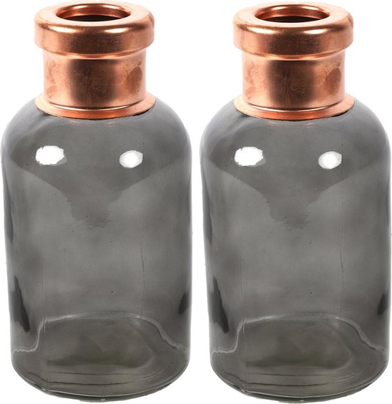 Countryfield Bloemenvaas Firm Bottle - 2x - transparant grijs/koper - glas - D10 x H21 cm