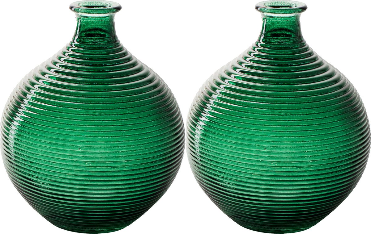 Jodeco Bloemenvaas/flesvaas - 2x - groen - bolvorm met ribbel - D16 x H20 cm