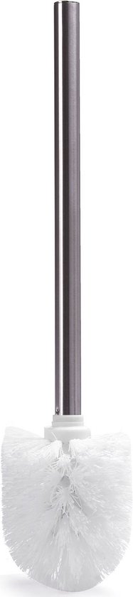 Een witte toiletborstel met een ronde borstelkop en een zilverkleurige, metalen steel.