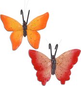 Tuindecoratie bloempothanger vlinder - set 2x - rood/oranje - kunststeen - 13 x 10 cm