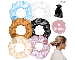 Fain Luxe Scrunchies Satijn – 6 Stuks – Incl. Opbergzakje – Haarspeldjes Meisjes – Haarelastiekjes – Haardonut – Haarelastiekjes zonder metaal – Scrunchies Pack – Haarwokkel – Zwart – Haarelastiekjes Dames