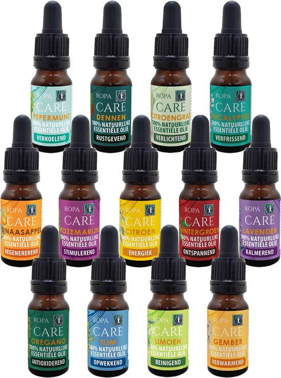 Twaalf flesjes RopaCare 100% natuurlijke etherische olie: Pepermunt, Dennen, Citroengras, Eucalyptus, Sinaasappel, Rozemarijn, Citroen, Wintergroen, Lavendel, Oregano, Tijm, Limoen, Gember.