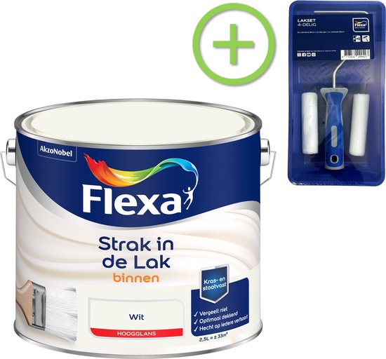 Flexa Strak in de Lak - Watergedragen - Hoogglans - wit - 2,5 liter + Flexa  Lakroller... | bol.com