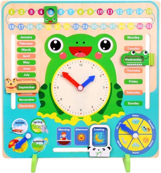 Buxibo - Kleurrijke Houten Leerklok Kikker - Speelgoedklok - Kalenderklok - Oefenklok - Educatief speelgoed - Leerhulpmiddel - Multicolor
