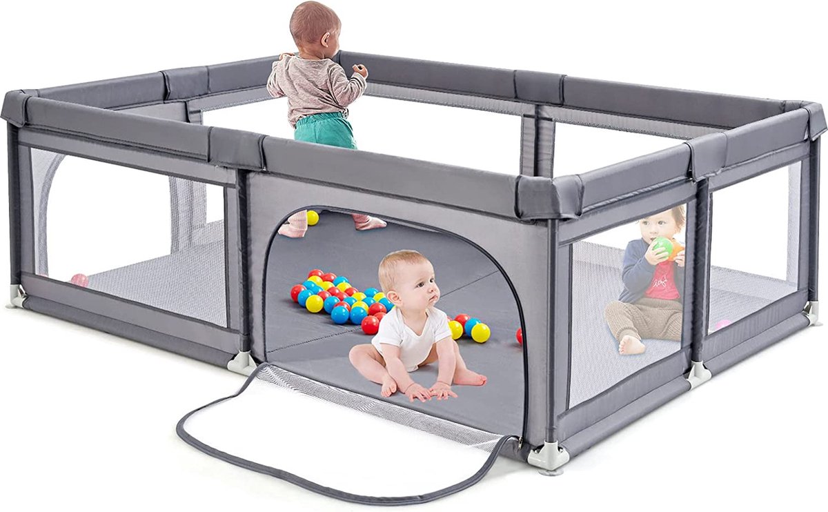 Goedkoopste Babybox, draagbare activiteitsplaats voor kinderen, met veiligheidsdeur, ademende netwanden, antislip zuignappen en 50 ballen (205 x 147 x 68 cm, donkergrijs