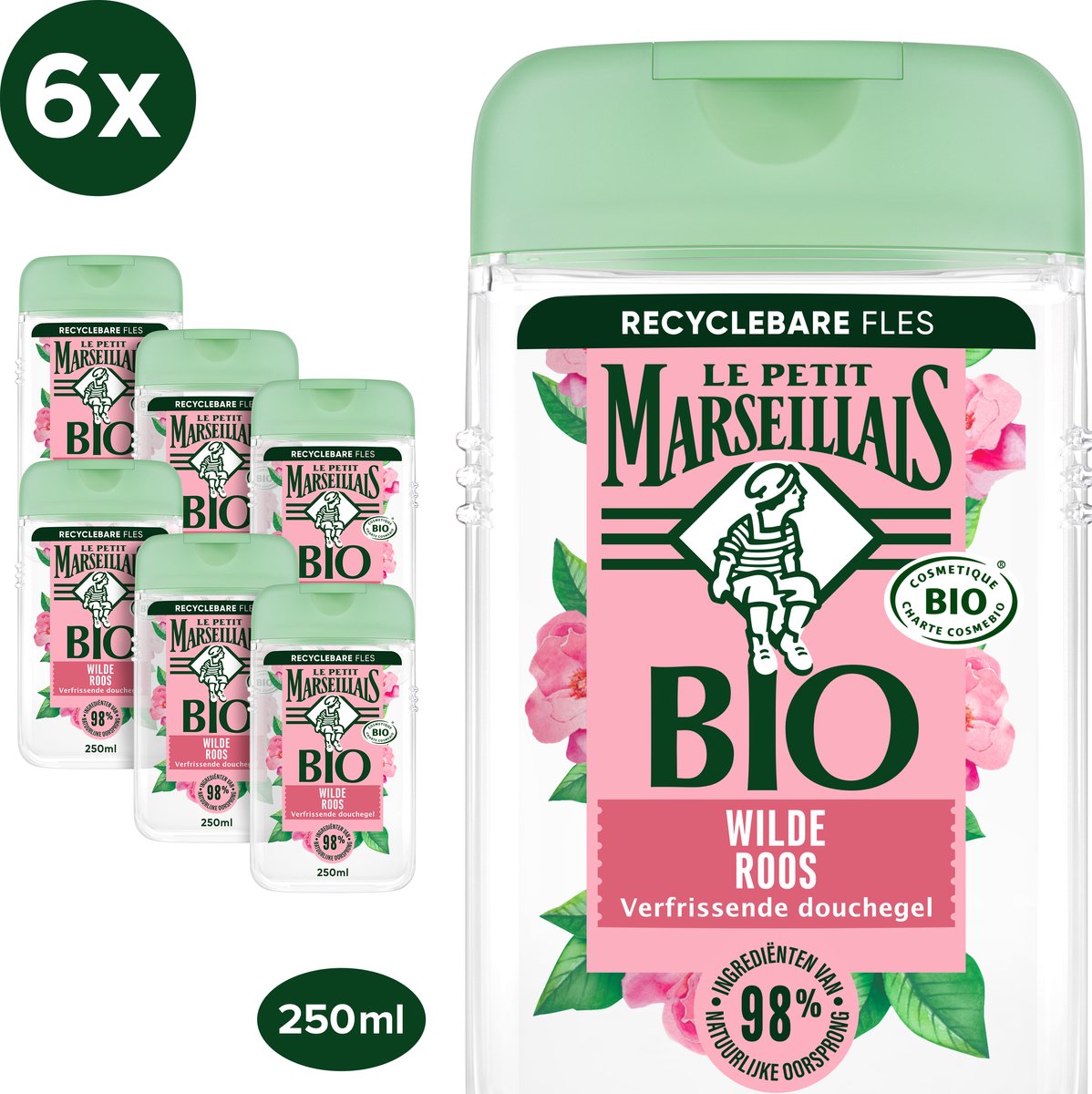 Le Petit Marseillais verfrissende douchegel met bio wilde roos, biologisch gecertificeerde formule en dermatologisch getest, 6 x 250 ml