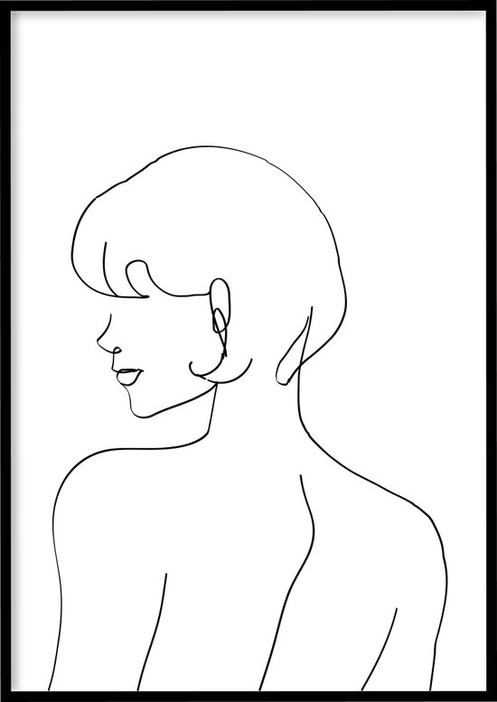 Poster Line Art Woman Short Hair - 30x40 cm met Fotolijst - Line art poster - Abstracte poster - Ingelijst - WALLLL