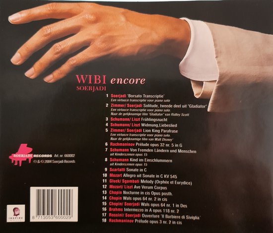 CD-hoes met een close-up van de hand van een pianist en de tekst 'WIBI SOERJADI encore'.