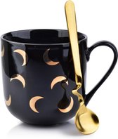 Affekdesign Lola Moon porseleinen mok met gouden maan patroon en lepel 480ml zwart - inclusief uniek gouden lepel - koffiemok - theemok - exclusieve en elegante uitstraling