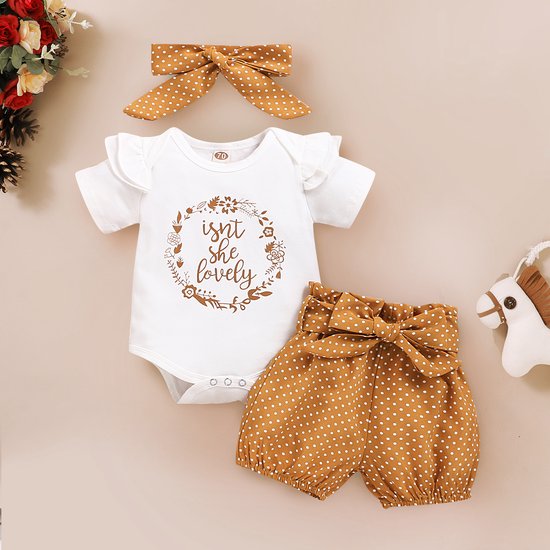 Driedelige kleding set Baby (Meisjes) – Romper met korte Broekje en Haarband – Okergeel- Wit – Met stipjes – Maat 74 (6-9maanden)