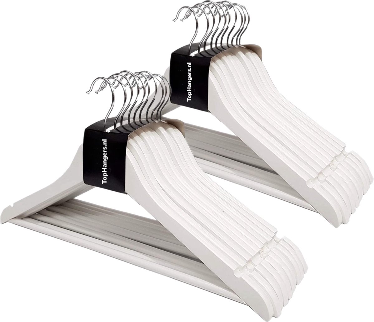 TopHangers [Set van 20] - Scherp geprijsde! wit gelakte houten kledinghangers / combihangers met draaibare haak, handige broeklat en rokinkepingen perfect voor alle soorten kleding