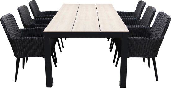 7-delige tuinset | 6 Pisa stoelen (Black) | 225cm Cyprus tuintafel (Wood) |  bol.com