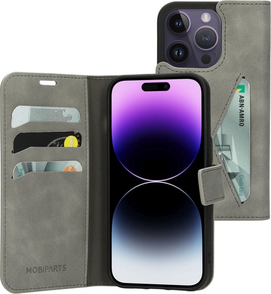 Mobiparts hoesje geschikt voor Apple iPhone 14 Pro - Wallet/Boekhoesje - Eco Leer - Magneet Sluiting - Opberg vakken - Grijs