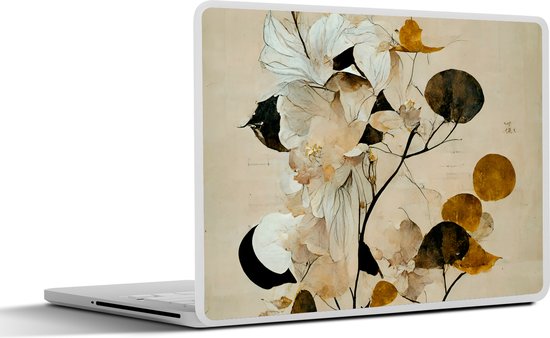 Autocollant pour ordinateur portable avec des fleurs et des feuilles pastel sur fond beige.