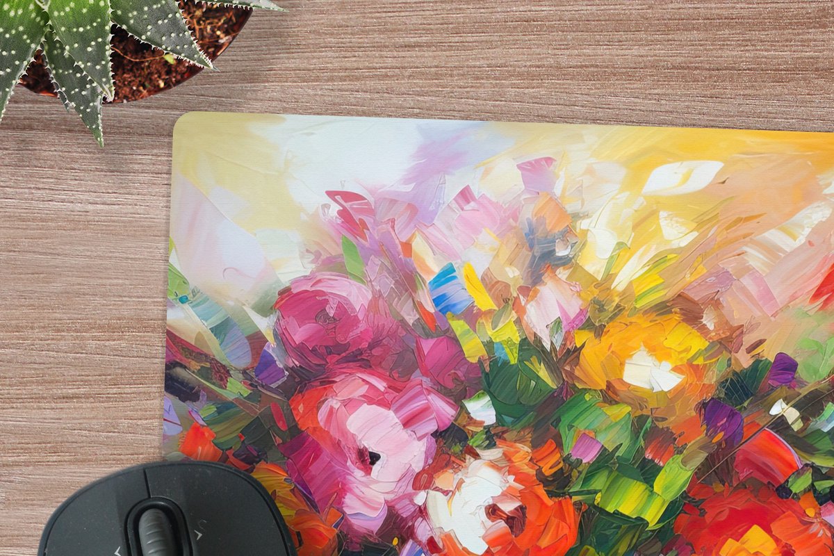 Muismat XXL 40x40 cm - Bureau onderlegger - Bureau mat Bloemen - Kleurrijk - Bloempot - Olieverf - Bureaumat - Gaming mousepad xl - Bureaulegger groot - Computer deskmat