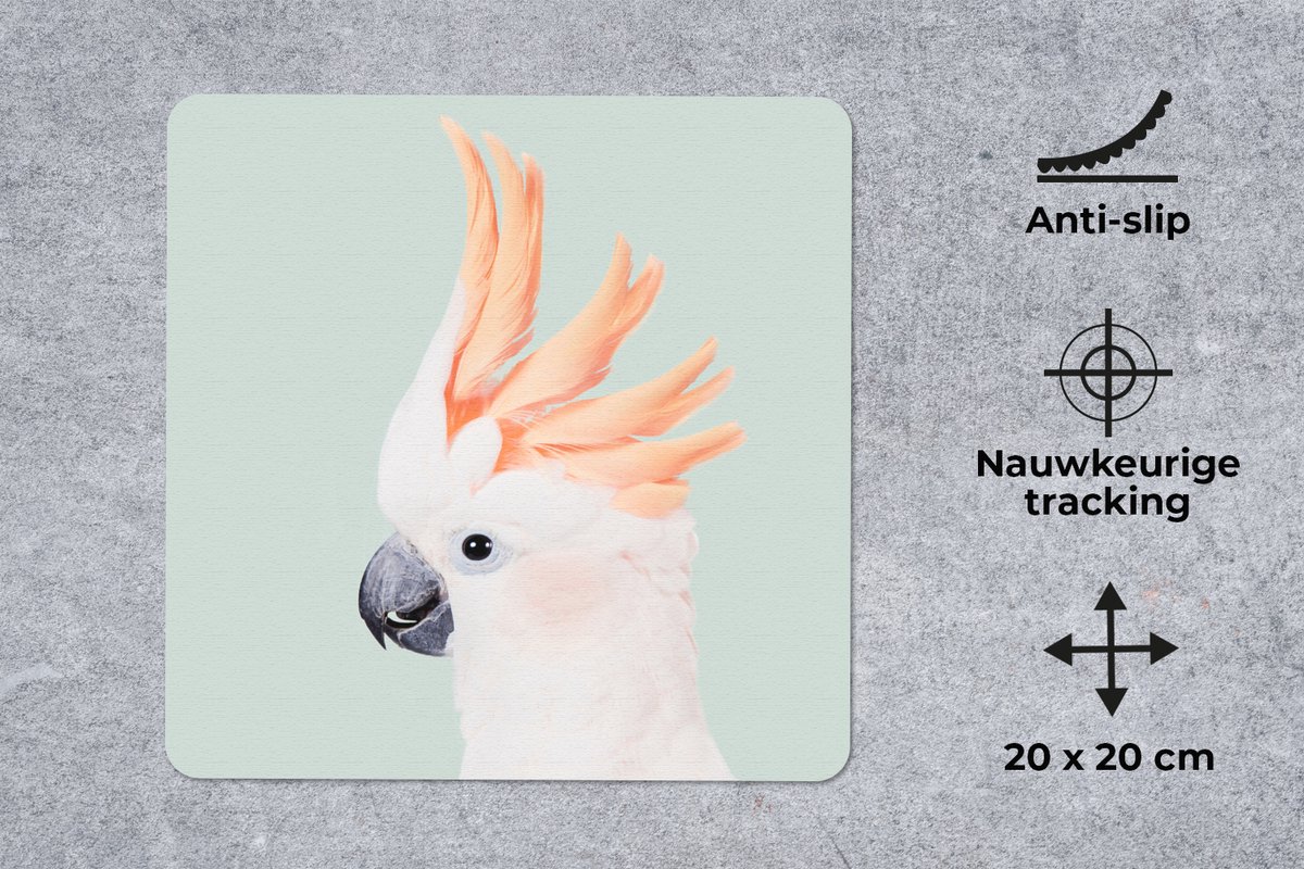 Muismat 20x20 cm - Mousepad Kaketoe - Dieren - Natuur - Wit - Muismatten