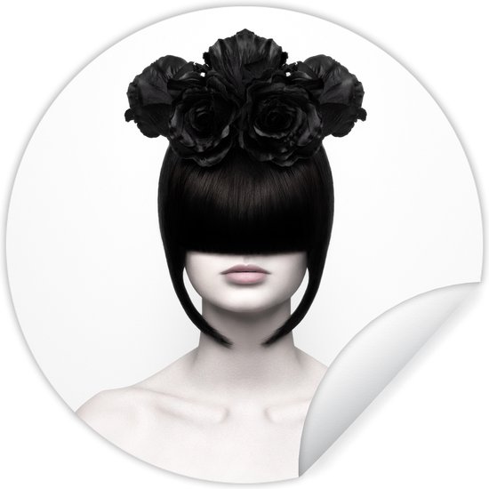 WallCircle - Stickers muraux - Cercle de papier peint - Portrait - Femme - Roses - Abstrait - Zwart et blanc - 80x80 cm - Cercle mural - Autocollant - Autocollant de papier peint rond