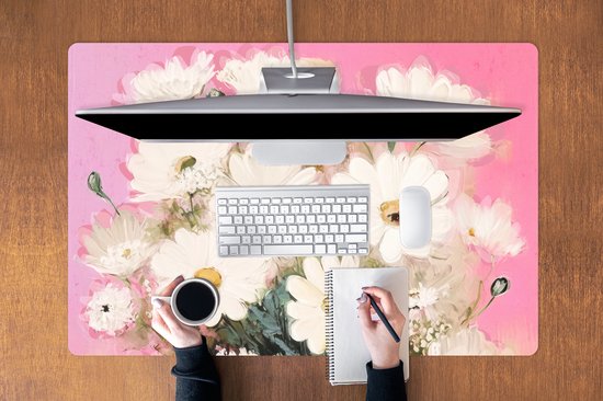 Muismat XXL 120x80 cm - Bureau onderlegger - Bureau mat Bloemen - Vaas - Planten - Wit - Bureaumat - Gaming mousepad xl - Bureaulegger groot - Computer deskmat