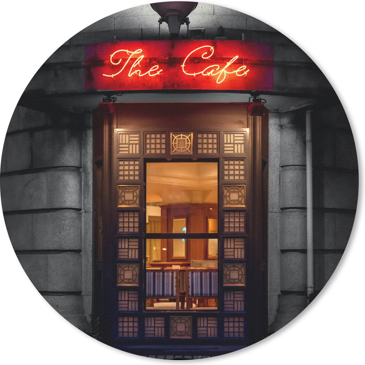 Muismat rond 40x40 cm - Mousepad Deur - Café - Rood - Architectuur - Neonlicht - Ronde muismatten