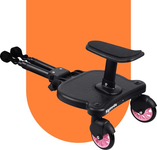 KYMEDO meerijdplankje universeel - meerijdplankje met zitje voor aan de kinderwagen of buggy - extra stevige dubbele ROZE wielen