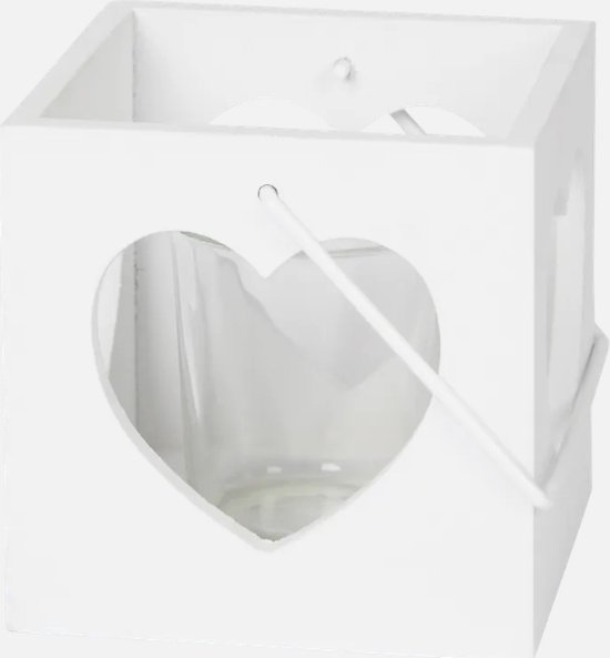 Theelichthouder - Met hart - Met hengsel - FSC®-gecertificeerd hout - Vierkant - Wit - 10 x 10 x 10 cm