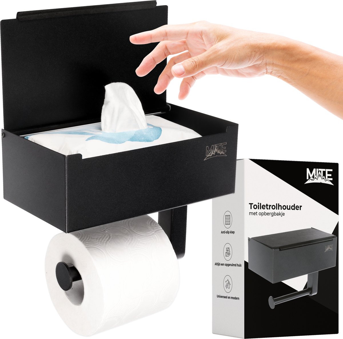 MITE® 3-in-1 WC Rolhouder met Bakje en Plankje – Toiletrolhouder Zonder Boren – RVS - Zwart