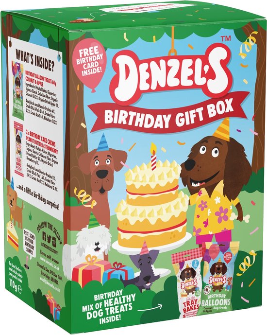 Denzel's - Hondensnack - Verjaardags kado box - Ballonnen koekjes - Verjaardagscake dental sticks