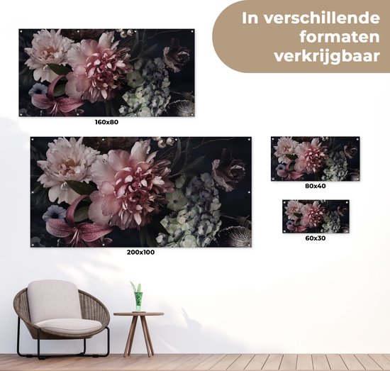 Affiche de jardin Fleurs - Vintage - Pastel - Rose - Wit - 80x40 cm - Décoration murale extérieure - Affiche de jardin - Toile de jardin - Affiche clôture - Peinture de jardin