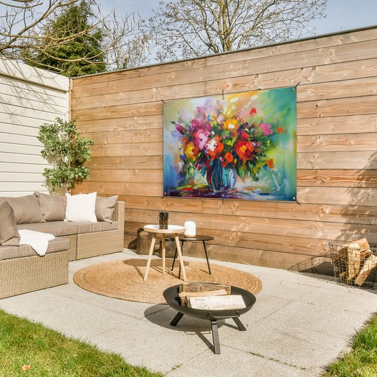 Affiche de jardin Fleurs - Coloré - Pot de fleurs - Peinture à l'huile - 130x80 cm - Décoration murale Extérieur - Affiche de jardin - Toile de jardin - Affiche de clôture - Tableau de jardin