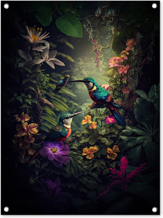 Tuinschilderij Bloemen - Vogel - Jungle - Planten - 60x80 cm - Tuinposter - Tuindoek - Buitenposter