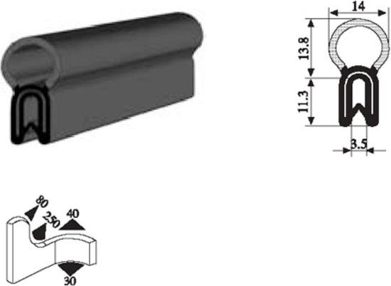 VRR - U-profiel - Klemprofiel rubber - randbescherming 1-3 mm met kraal 015 - Per 5,10 of 50 meter