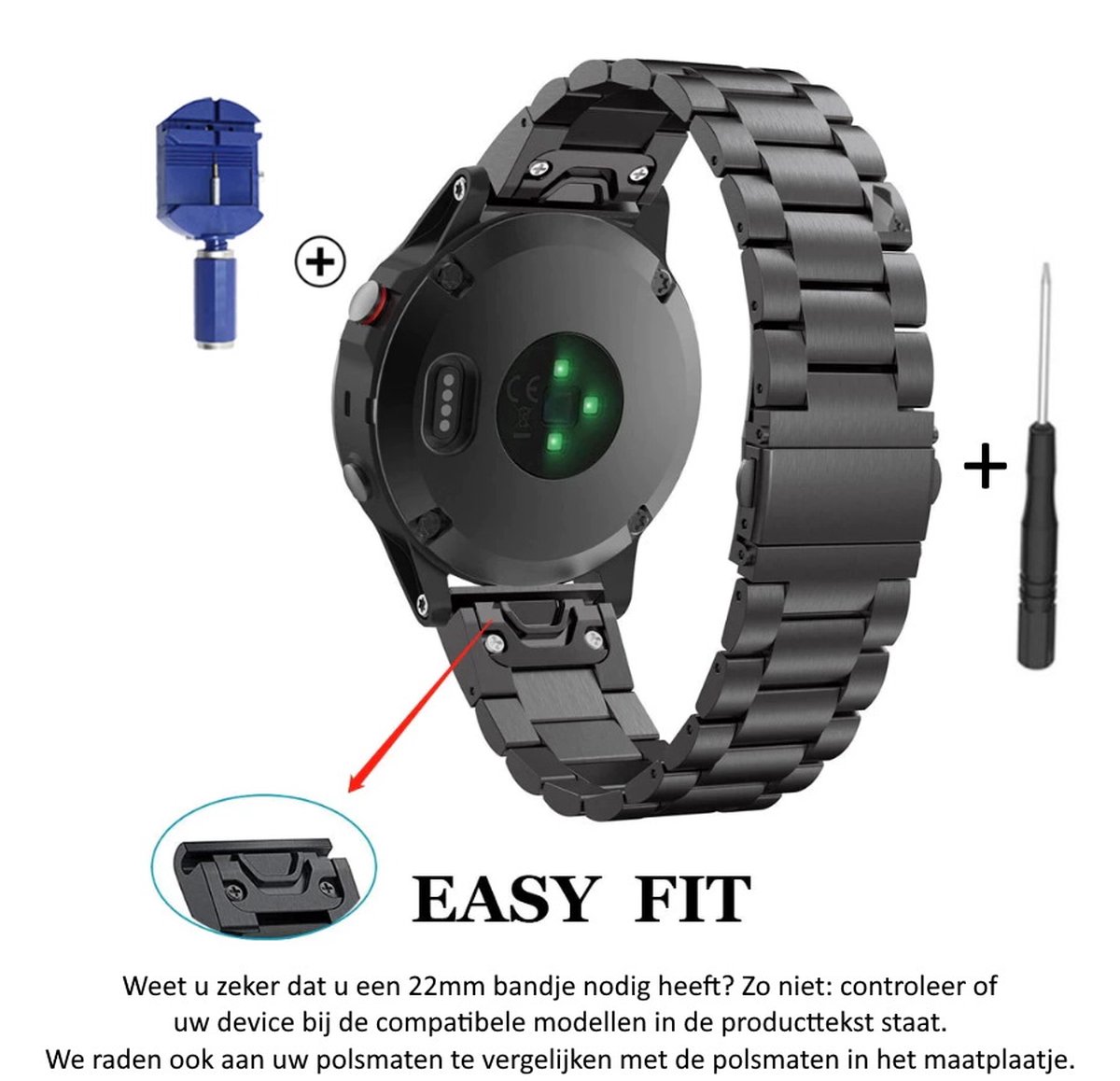 Zwart Stalen sporthorlogebandje geschikt voor Garmin Fenix 5 ( 5 Plus Sapphire) - Garmin Forerunner 935-945 - Garmin Quatix 5 - Fenix 6 (6 Plus) - Maat: zie maatfoto - Quickfit Compatibel - 22 mm zwart metalen Schakel smartwatch strap
