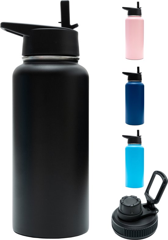 Gourde - Noir Onyx - 1 litre - Bouchon Extra avec paille et bec verseur - Gourde avec paille - Bouteille isotherme - Sans BPA - Étanche