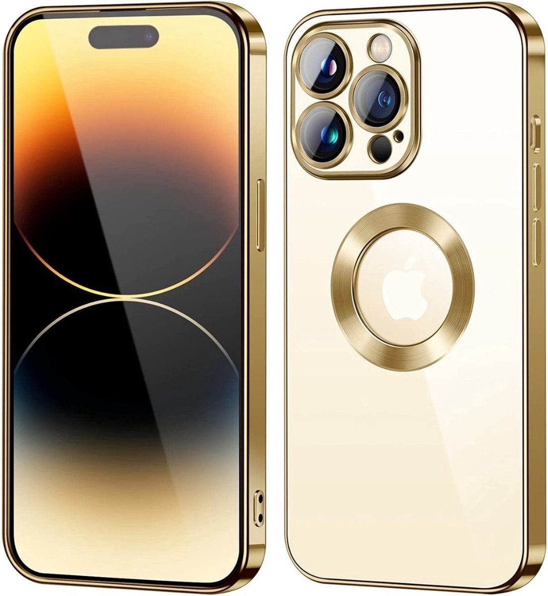 Apple iPhone 13 Magnetisch Hoesje Met Lensbeschermer - Magsafe - Magneet Case Met Ring en camera cover transparant met gekleurde rand - goud