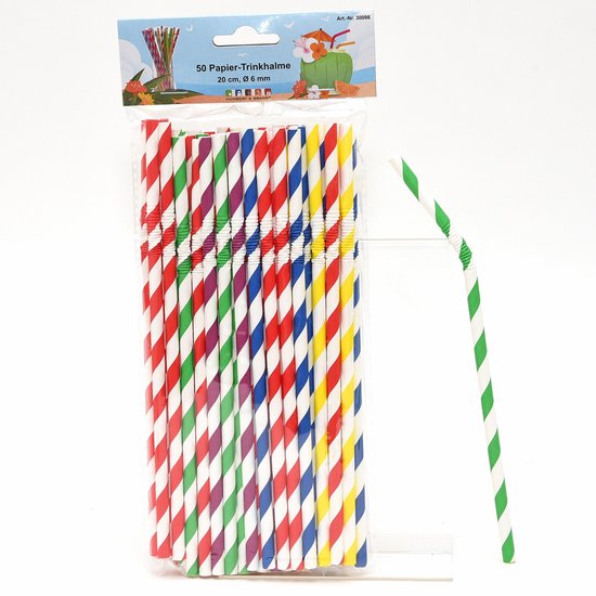 50 papieren rietjes, 20 cm lang, met groene, witte, rode, blauwe en gele strepen.