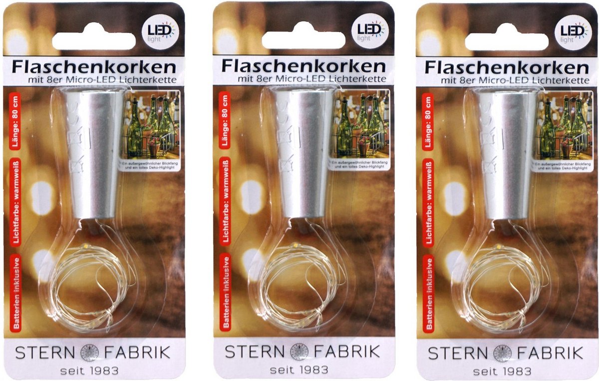 Stern Fabrik flesverlichting kurk - 3x - lichtsnoer - zilver - LED - 80 cm - bottle lights