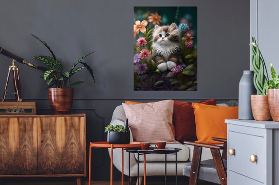 Stickers muraux - Film autocollant - Chaton - Illustration - Fleurs - Nature - Chat - 60x80 cm - Film adhésif - Stickers muraux Chambre d'enfant - Papier peint autocollant