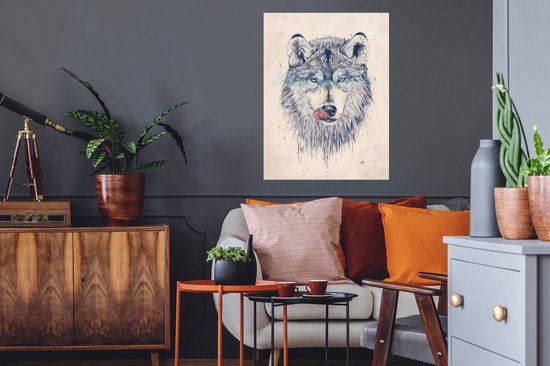 Une illustration d'un loup léchant sa lèvre avec sa langue, avec des accents bleus et rouges.