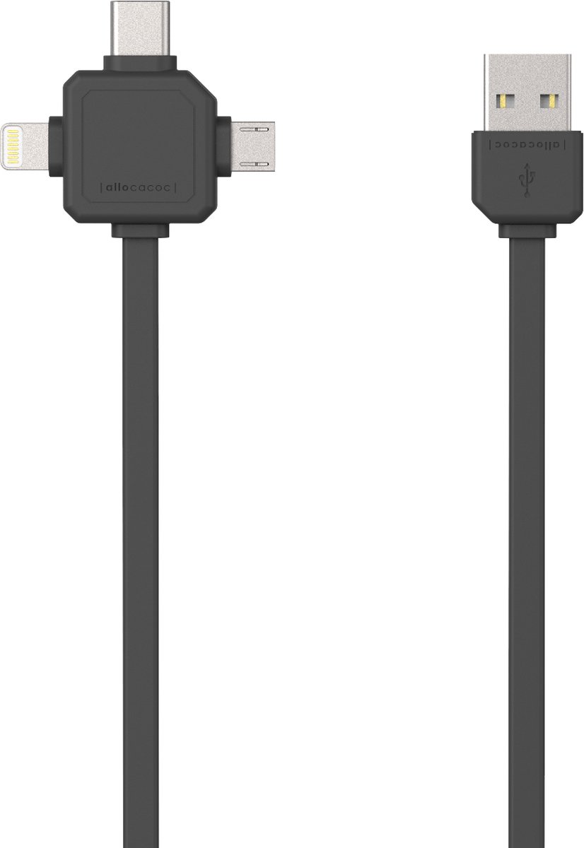 Allocacoc 3-in 1 Oplaadkabel - MicroUSB - USB-C - Lightning - oplaad kabel - Grijs- 1.5 meter kabel - Laadsnoer - Data Sync & Transfer