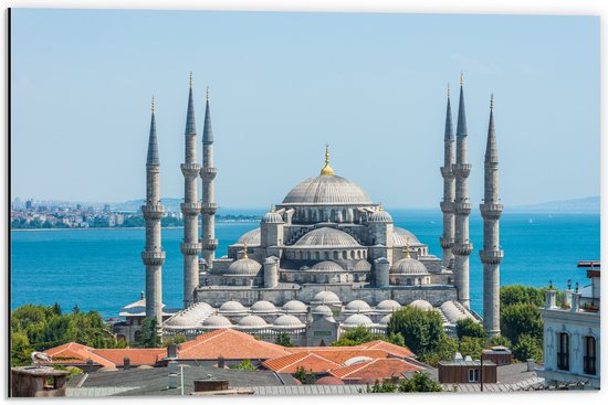 Dibond - Sultan Ahmet Moskee aan de Zee van Turkije - 60x40 cm Foto op Aluminium (Met Ophangsysteem)