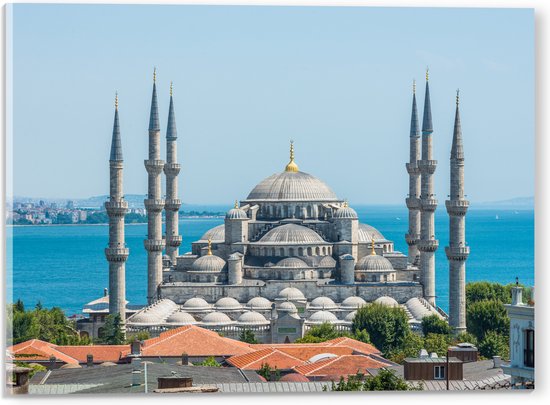 Acrylglas - Sultan Ahmet Moskee aan de Zee van Turkije - 40x30 cm Foto op Acrylglas (Met Ophangsysteem)