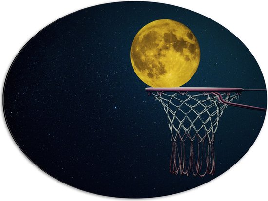 Dibond Ovaal - Maan met Gele Gloed in Basketbal Net - 68x51 cm Foto op Ovaal (Met Ophangsysteem)