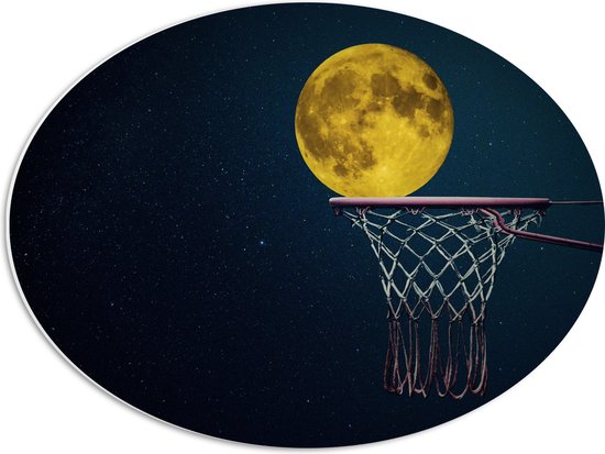 PVC Schuimplaat Ovaal - Maan met Gele Gloed in Basketbal Net - 56x42 cm Foto op Ovaal (Met Ophangsysteem)